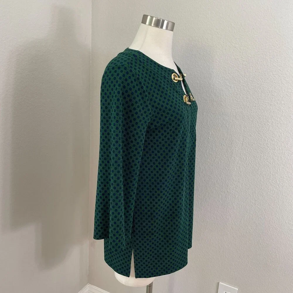 Michael Kors Womens Medium Green‎ Navy Polka Dot Tunic Top Gold Chain Detail